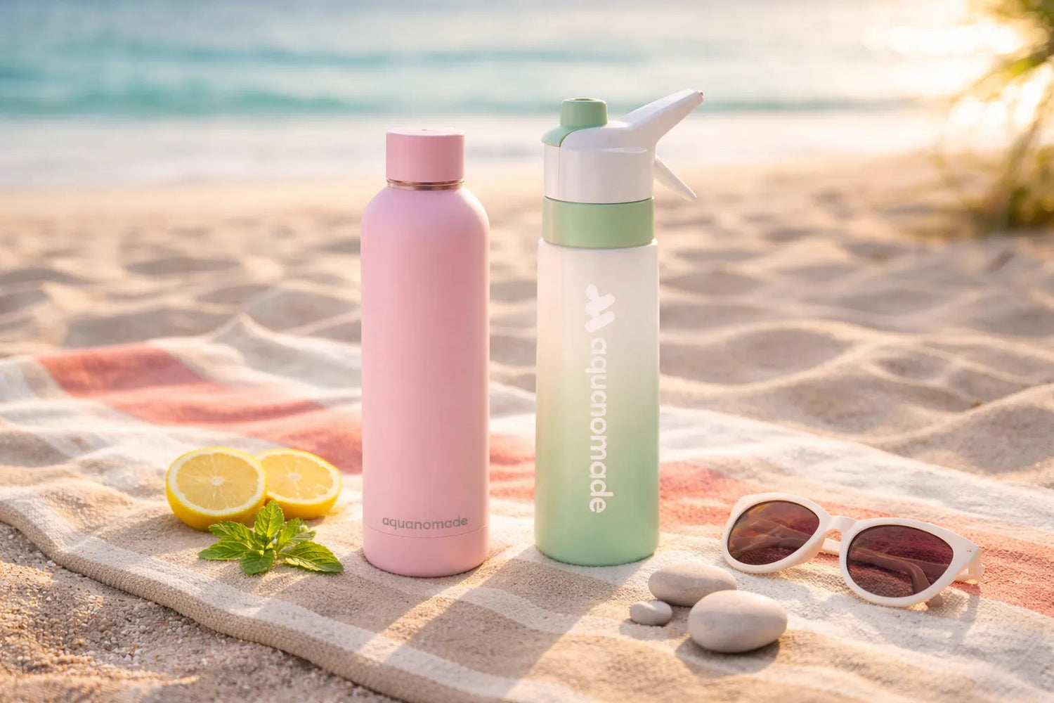 Gourde-isotherme-rose-et-gourde-brumisateur-verte-Aquanomade-posees-sur-une-serviette-de-plage-au-coucher-du-soleil-accessoires-hydratation-ete