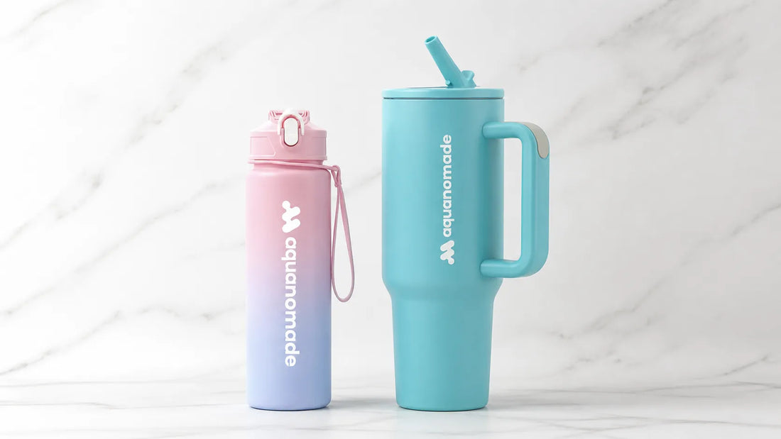 Comparatif-gourde-sport-750ml-rose-vs-thermos-isotherme-bleu-canard-1-litre-Aquanomade